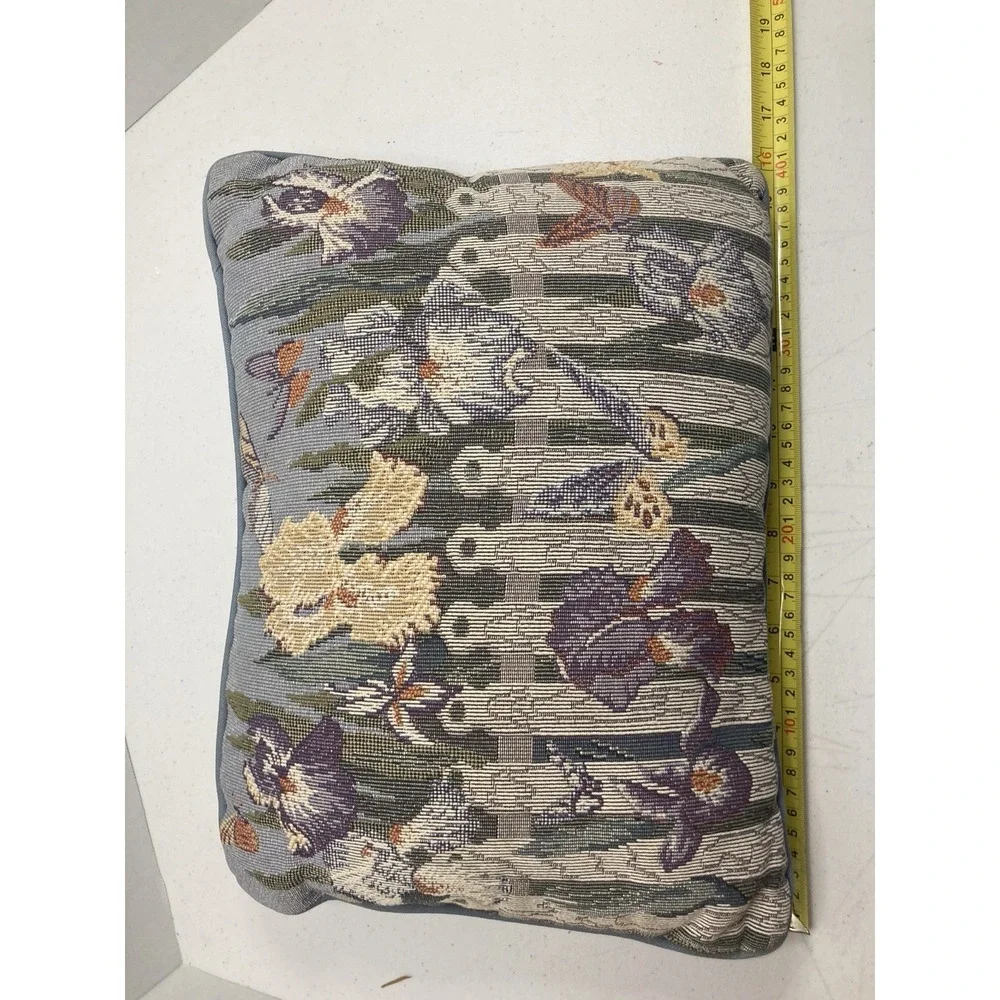 Vtg‎ Iris Floral Tapestry Throw Pillow Butterflies Blue Backing 12x16